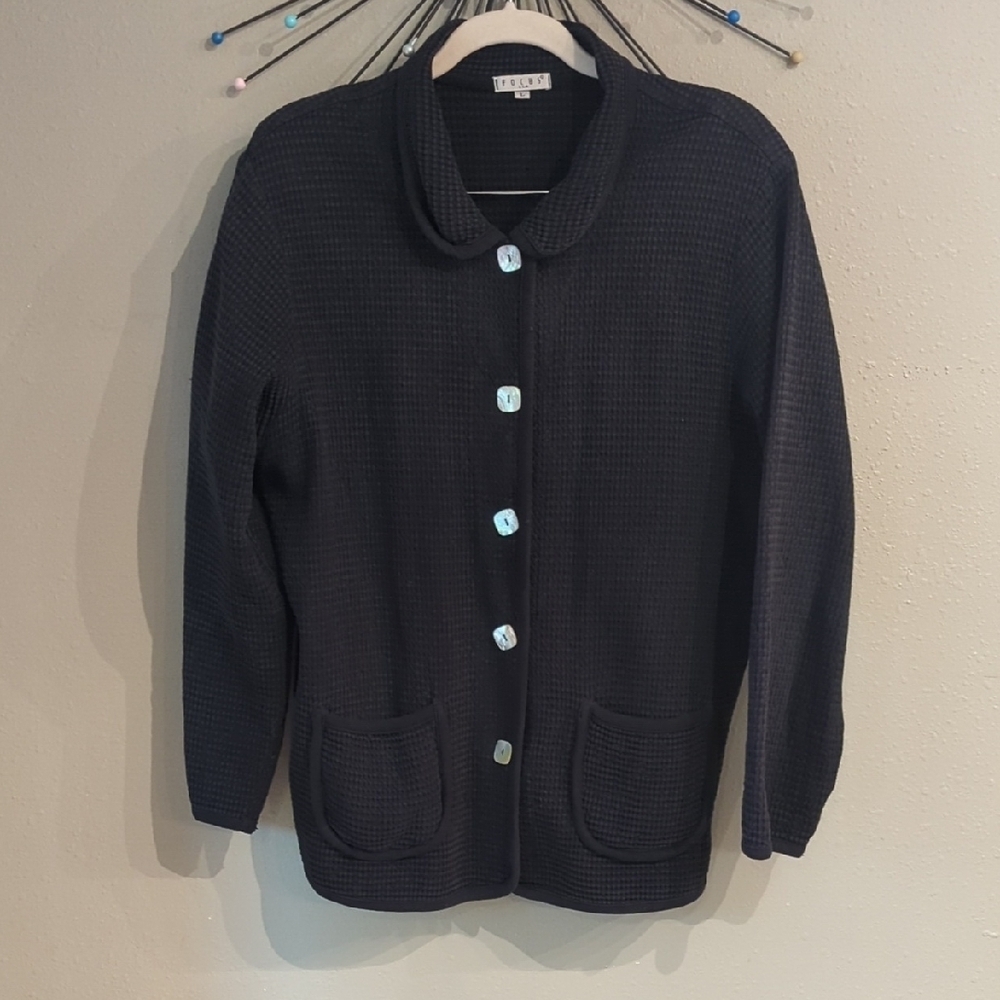Lagenlook Minimalist Waffle Knit Focus USA Black Large Sweater Full Button Down